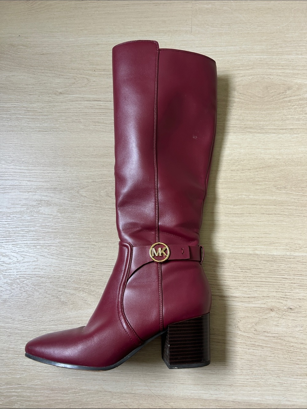Michael Kors Wine Leather Knee-High Block Heel Boots
